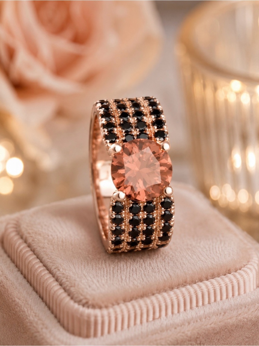 Rose Gold-Tone Champagne Round Center Stone Statement Ring. Size 9